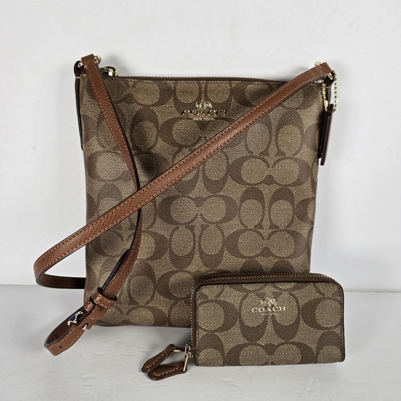 NWOT Coach Brown Signature North/South Crossbody Bag Adjustable Strap Zip Close - Picture 2 of 13